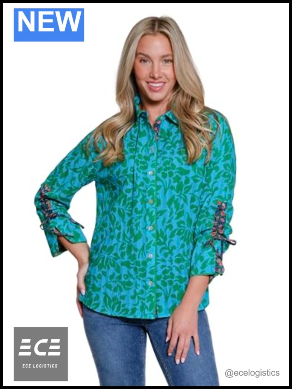 Button Front Shirt Drawstring Sleeves Relaxed Fit 100% Cotton